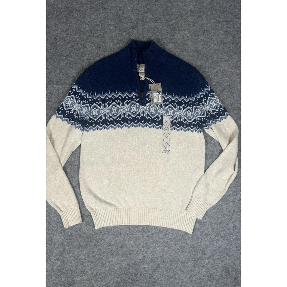 St Johns Bay Sweater Mens Small Beige Blue  Nordic Fair Isle Quarter Zip Cotton